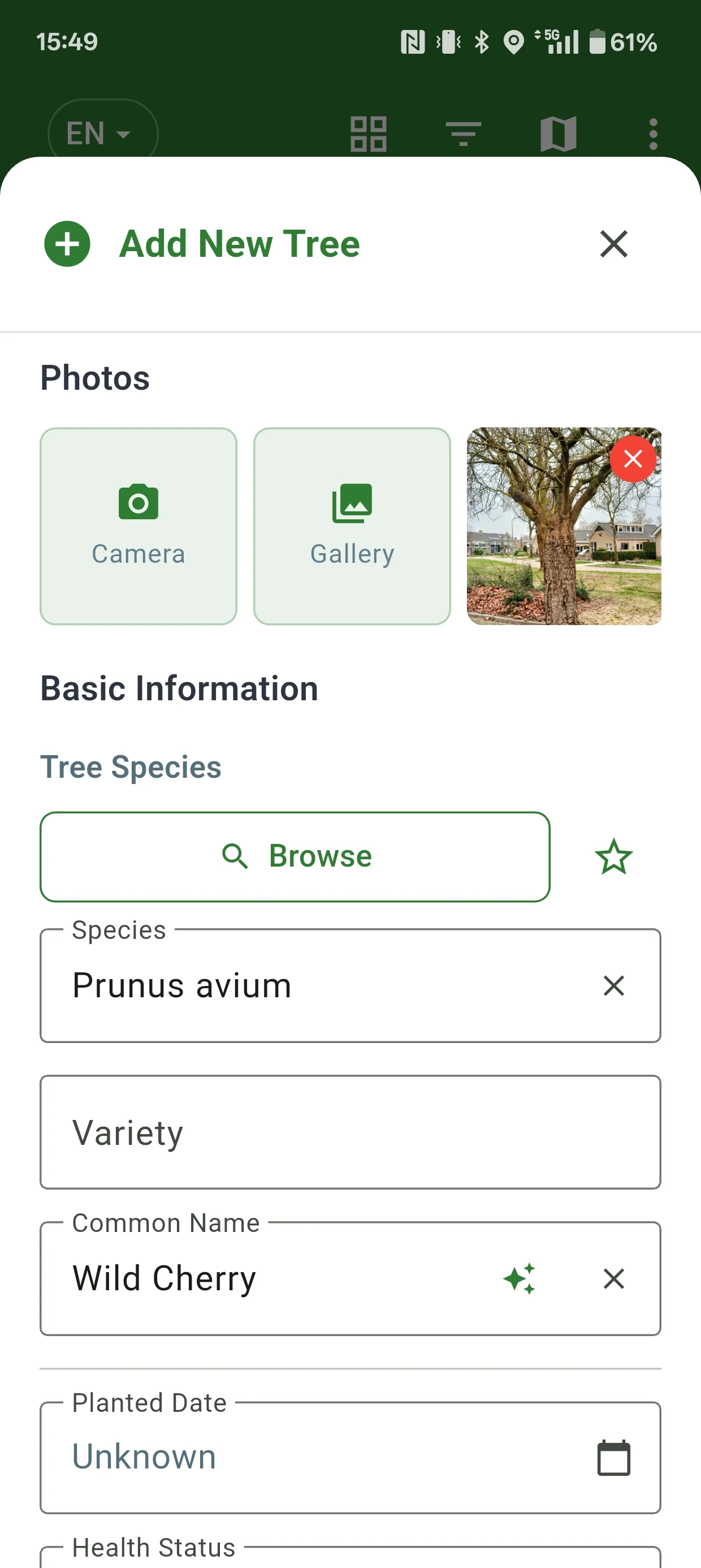 Boomwacht add tree screen