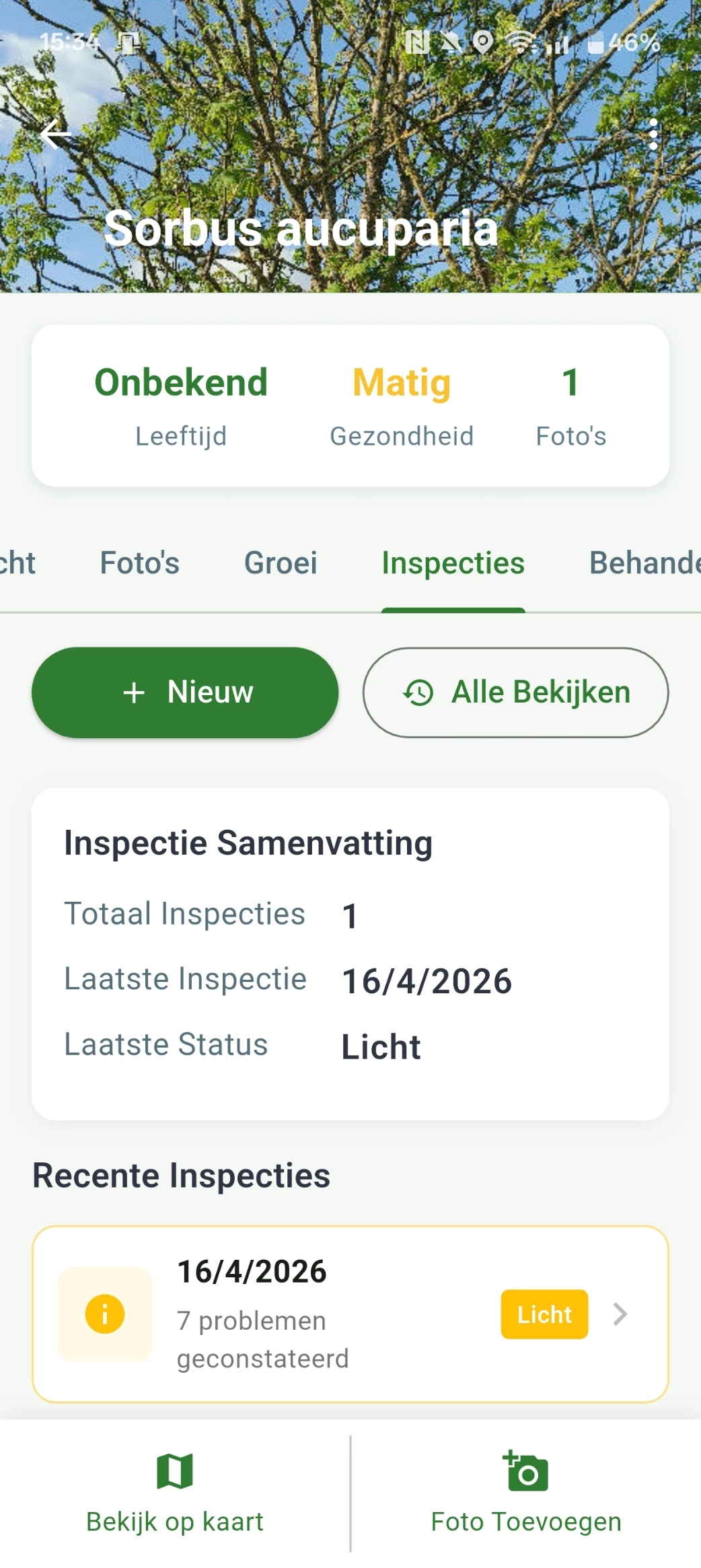 Boomwacht boomdossier with inspection history
