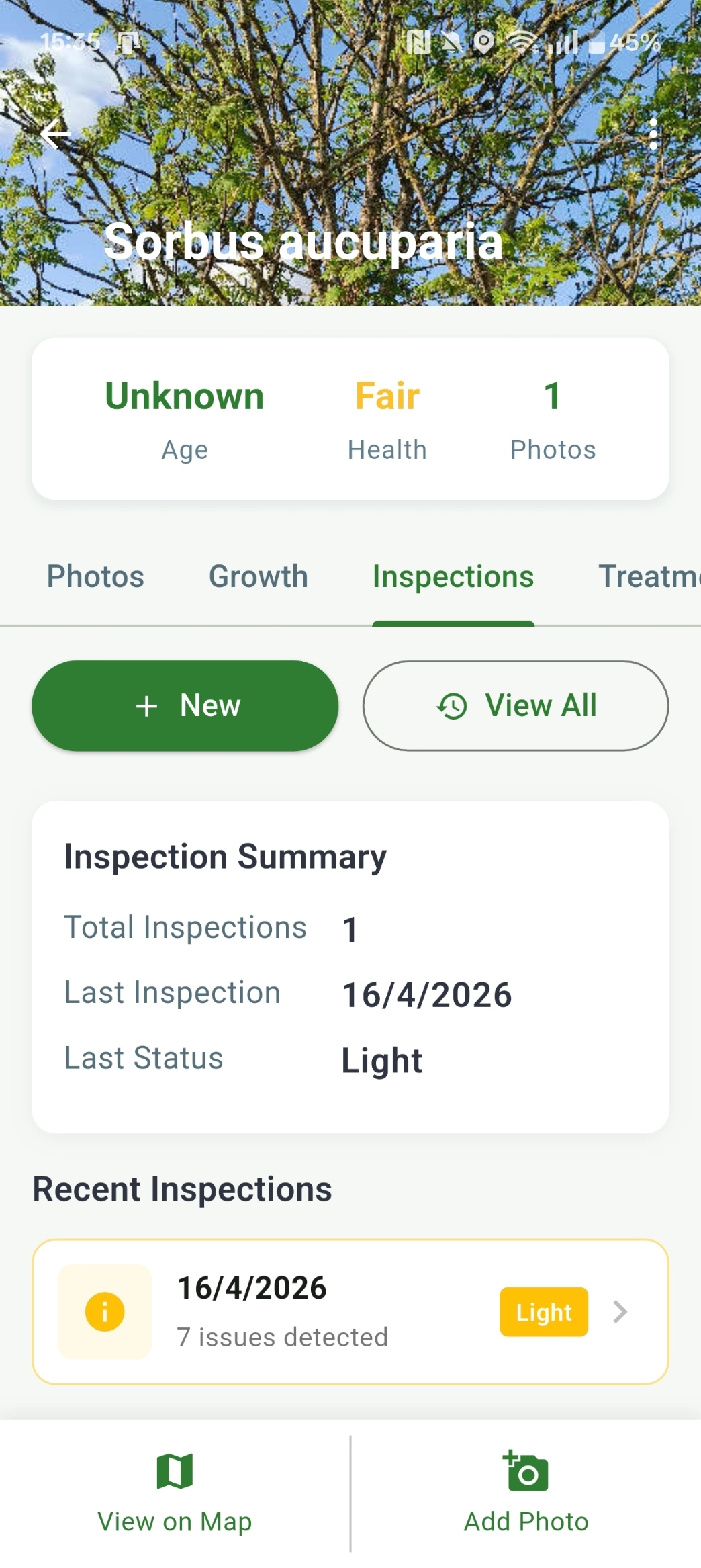 Boomwacht tree record with inspection history