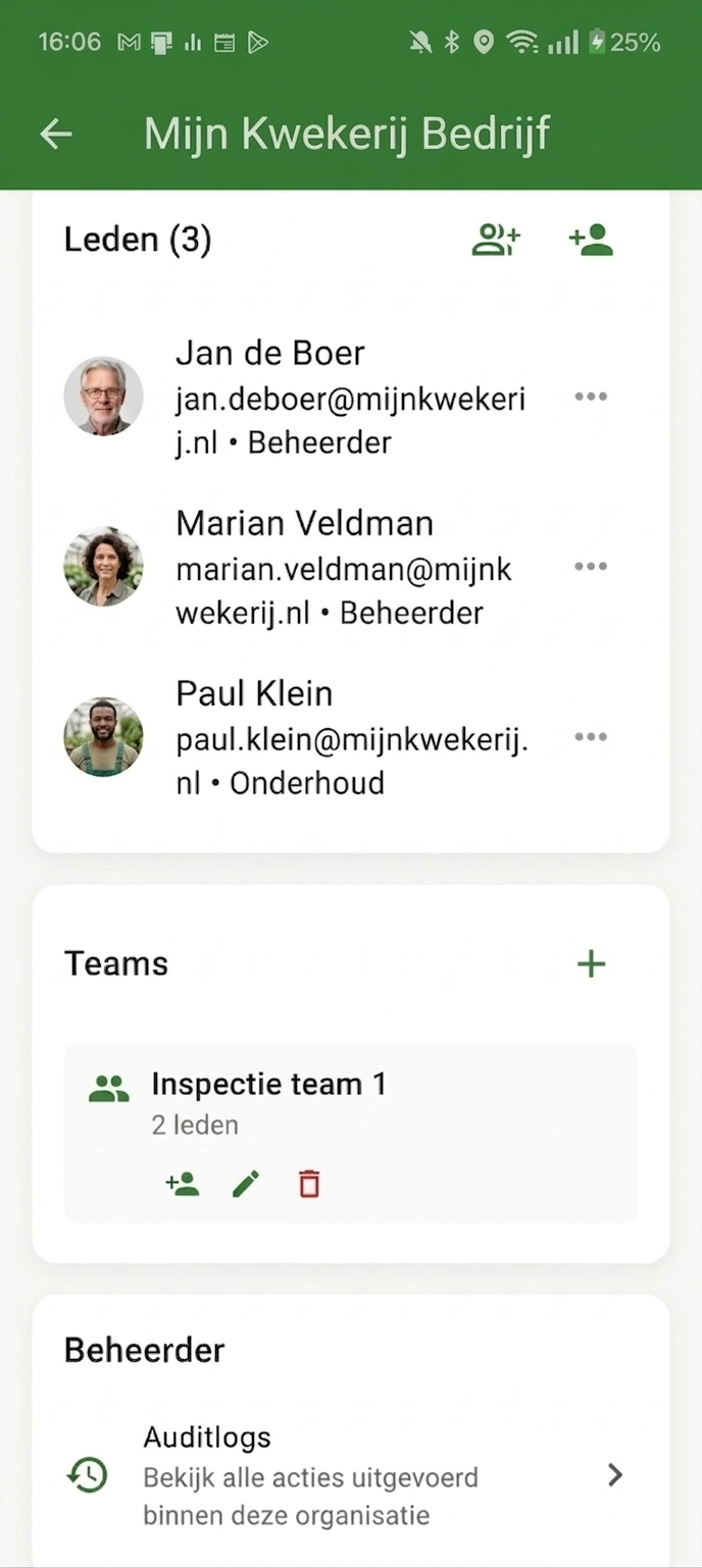 Boomwacht organisatie- en teambeheer dashboard