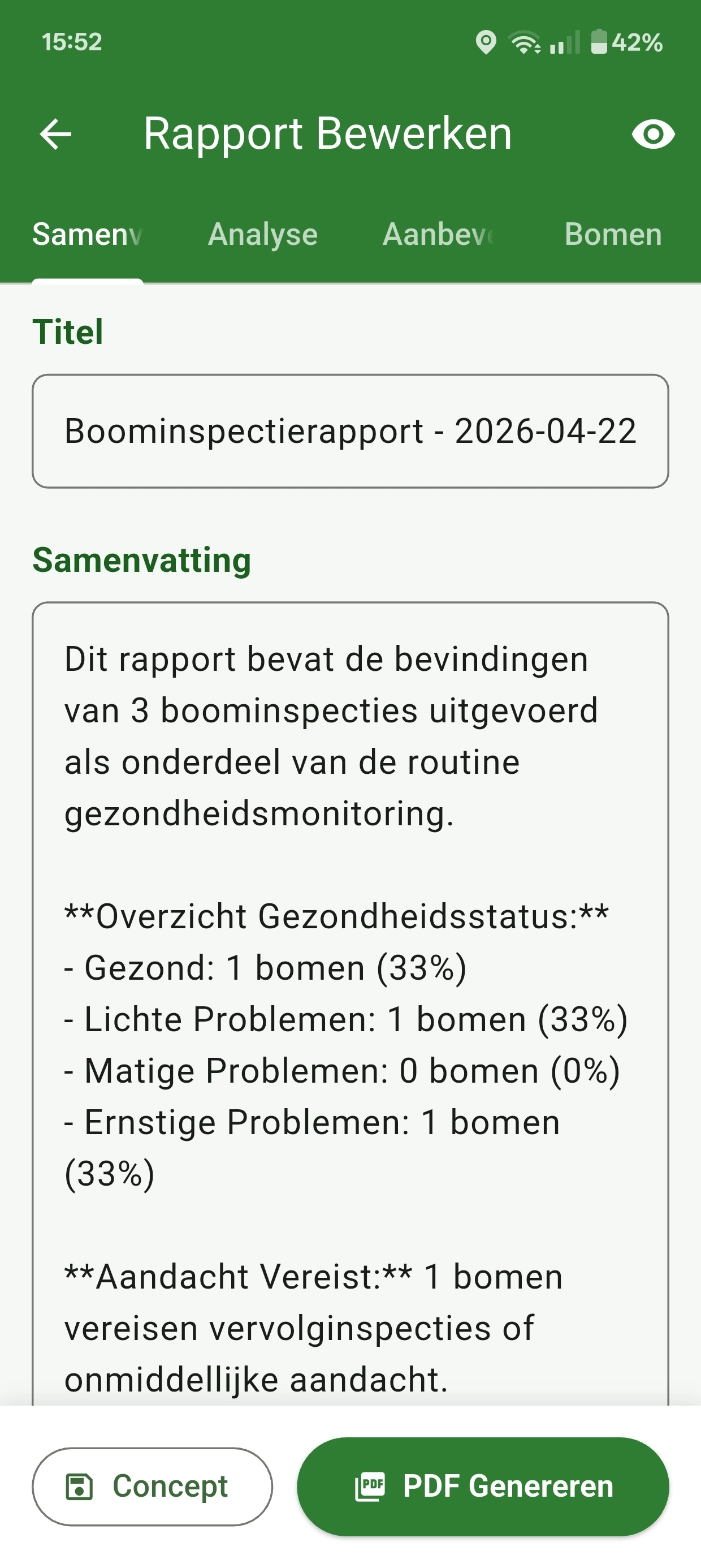 Boomwacht advies en rapportweergave